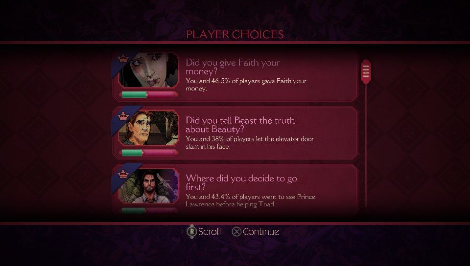 The Wolf Among Us (PS Vita) screenshot: Episode 1 - Your choices compared to the other players