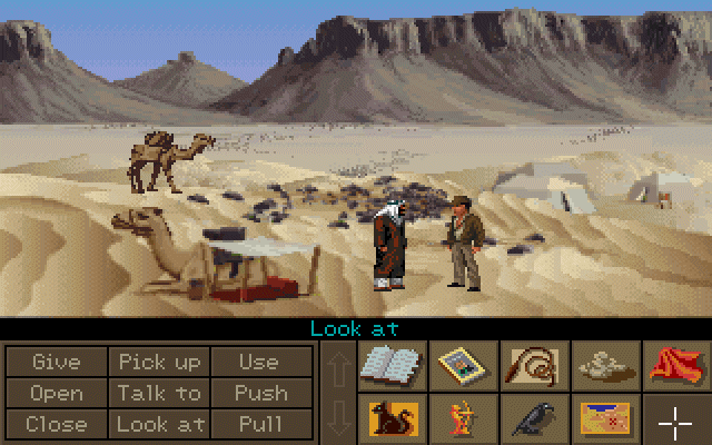 Indiana Jones and the Fate of Atlantis (DOS) screenshot: In the desert, asking for direction