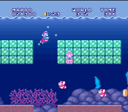 Super Mario All-Stars + Super Mario World (SNES) screenshot: Swimming helps to revitalize the muscles. But, if possible, swim alone...