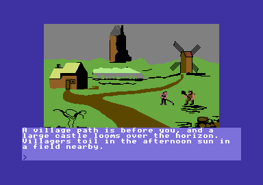 Castle of Terror (Commodore 64) screenshot: Starting out, with the village path ahead of you