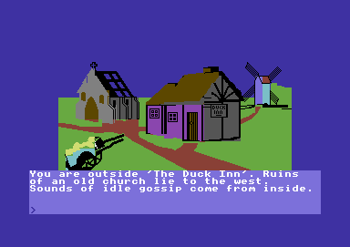 Castle of Terror (Commodore 64) screenshot: I think I will go into "The Duck Inn" for a beer or two