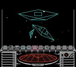 Elite (NES) screenshot: Three ships swoop into view during the opening combat sequence.