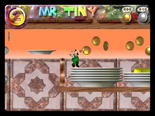 Mr. Tiny Adventures (Windows) screenshot: Reaching elevated areas of the kitchen.