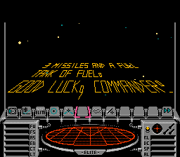 Elite (NES) screenshot: Star Wars-esque text scroll.