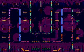 Bumpy's Arcade Fantasy (DOS) screenshot: The platform shot me right in the path of that monster above me!