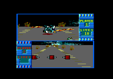Iron Trackers (Amstrad CPC) screenshot: You are rotating in Quad after colliding with obstacle (1 player mode)