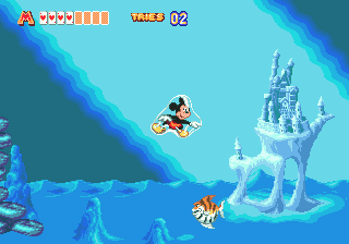 World of Illusion Starring Mickey Mouse and Donald Duck (Genesis) screenshot: Underwater level. Swimming in a bubble and avoiding tiger fish