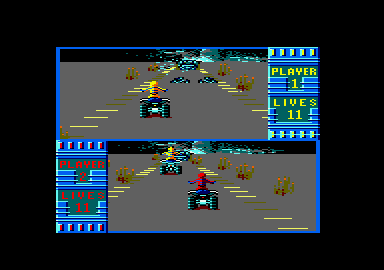 Iron Trackers (Amstrad CPC) screenshot: Yellow player in front of Red player (2 players mode)