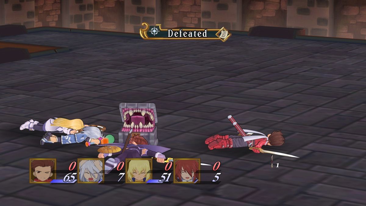 Tales of Symphonia (Windows) screenshot: Beaten by a mimic