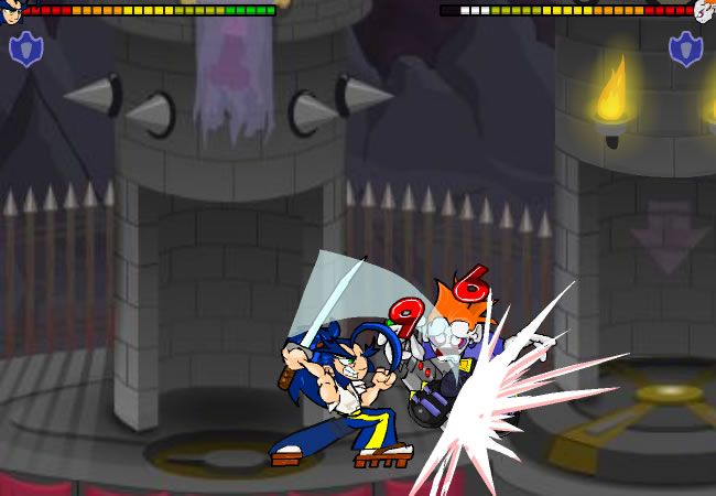 Newgrounds Rumble (Browser) screenshot: Samurai Asshole slashes Piconjo.