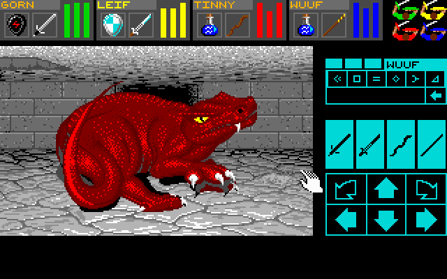 Dungeon Master (DOS) screenshot: Fighting the dragon!