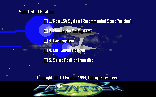 Frontier: Elite II (DOS) screenshot: Select a place to start a game.