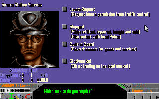 Frontier: Elite II (DOS) screenshot: Station services.