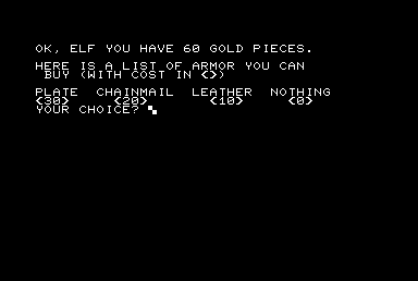 The Wizard's Castle (Commodore PET/CBM) screenshot: What kind of armor would you like?