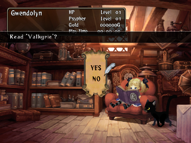 Odin Sphere (PlayStation 2) screenshot: Just like in Princess Crown the player initially controls a little girl who is able to pick up and read various books, therefore selecting which story to begin.