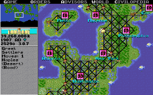 Sid Meier's Civilization (DOS) screenshot: The game map in modern times with railroads everywhere