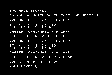 The Wizard's Castle (Commodore PET/CBM) screenshot: I escape a battle I was losing only to fall into a sinkhole.