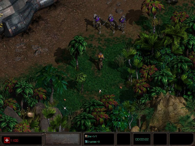 Zax: The Alien Hunter (Windows) screenshot: Strange robots come to attack Zax.