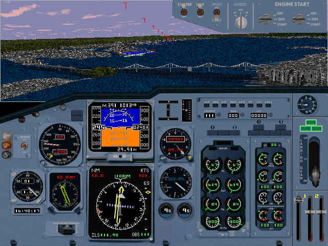 Microsoft Flight Simulator for Windows 95 (Windows) screenshot: The Boeing 737 cockpit above Oakland at dusk.