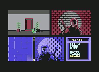 Hostage: Rescue Mission (Commodore 64) screenshot: Terrorist is trying to escape your shots