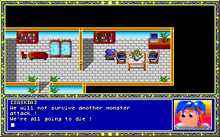 Avalon (DOS) screenshot: The requisite, early game NPC brimming with confidence about the future.