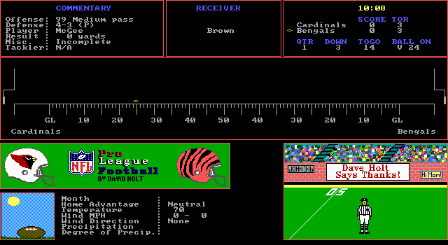NFL Pro League Football (DOS) screenshot: The fast game simulation mode omits the overhead view (EGA graphics mode)