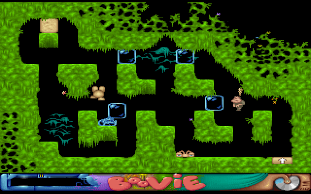 Boovie (DOS) screenshot: Level 11 - A lot of gaps and blue glass blocks here