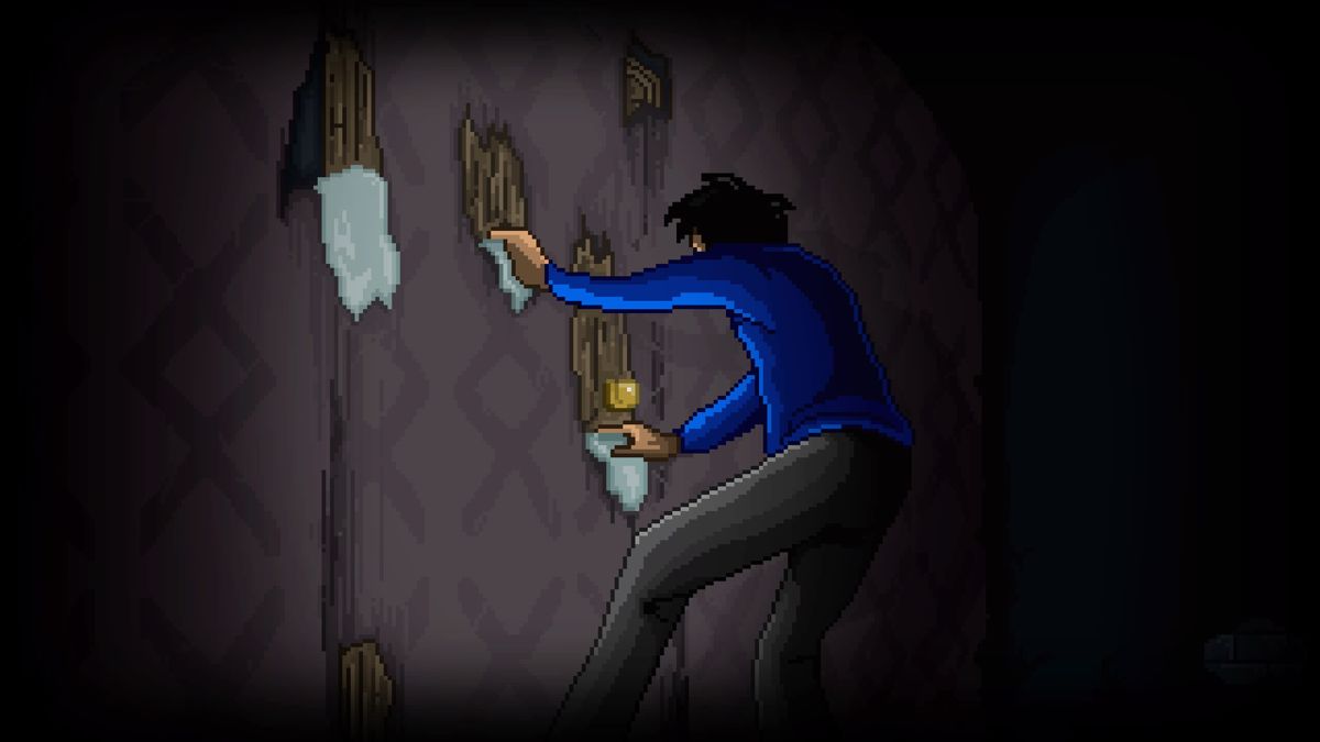 Stay (PlayStation 4) screenshot: Peeling off the wallpaper revealed a secret door