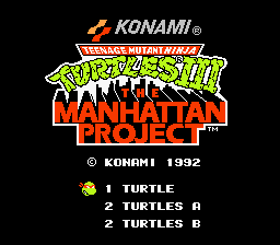 Teenage Mutant Ninja Turtles III: The Manhattan Project (NES) screenshot: Title screen. Choose 1 or 2 simultaneous players and if turtles can hit each other or not.