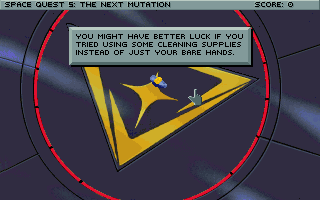 Space Quest V: The Next Mutation (DOS) screenshot: Nice angle! You remember your former janitorial duties, but seem to be rusty with the technicalities