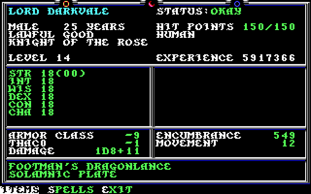 Death Knights of Krynn (DOS) screenshot: Solamnic Knight Order of the Rose - Character Stats. One of the unique classes in the Dragonlance Epic