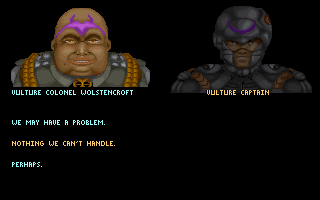 Traffic Department 2192 (DOS) screenshot: The bad guys discuss how I'm a thorn in their sides.
