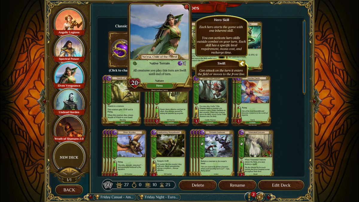 Spellweaver (Windows) screenshot: Deck builder. You need to choose a hero or heroine and at least 60 cards.