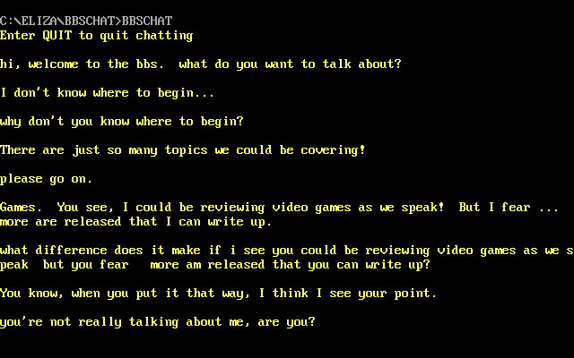 Eliza (DOS) screenshot: "BBSchat" port, intended for use as a BBS door