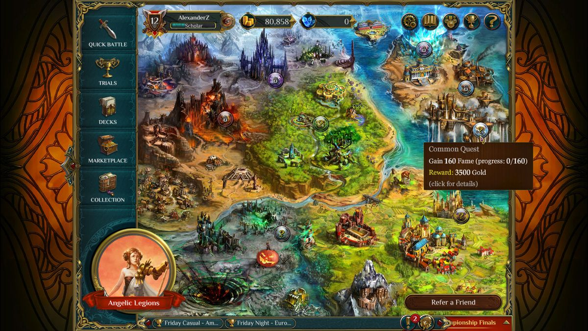 Spellweaver (Windows) screenshot: Main screen. The map shows regions controlled by the different magic philosophies. The question marks represent unfinished single-player quests.