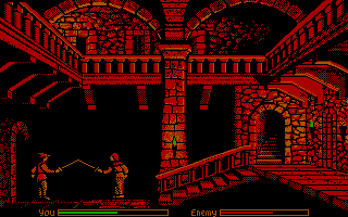 Defender of the Crown (DOS) screenshot: Inside the castle's inner keep during a raid.