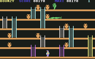 Bounzy (Commodore 64) screenshot: Reptile-man and reptile on Level 2