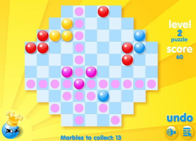 Marbly (Browser) screenshot: All possible directions for the purple ball are shown.
