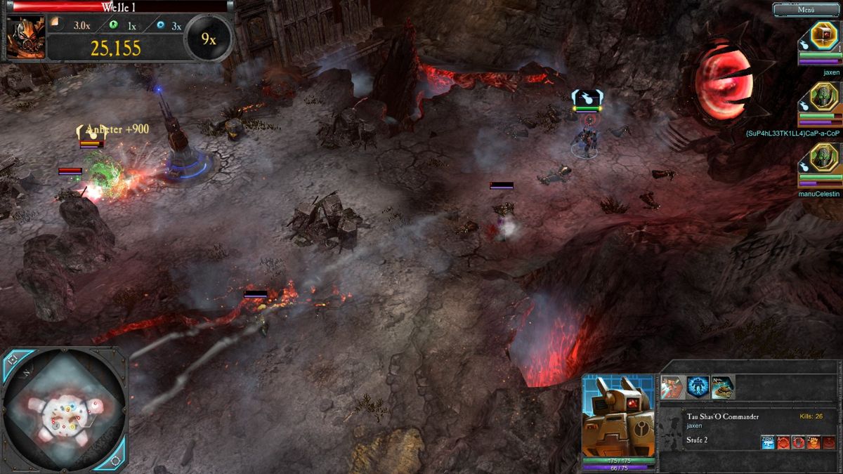 Warhammer 40,000: Dawn of War II - Retribution - The Last Stand Tau Commander (Windows) screenshot: The impact smashes opponents to the ground.