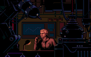 Rocket Ranger (Amiga) screenshot: Late night at the lab.