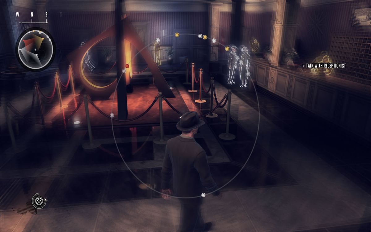 Alekhine's Gun (Windows) screenshot: The hotel lobby of the second mission, with the Instinct function activated.