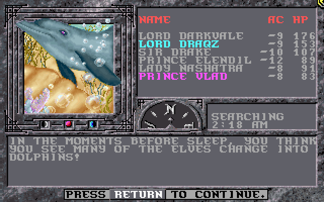 The Dark Queen of Krynn (DOS) screenshot: Whoa! The Sea Elves just metamorphed into dolphins!