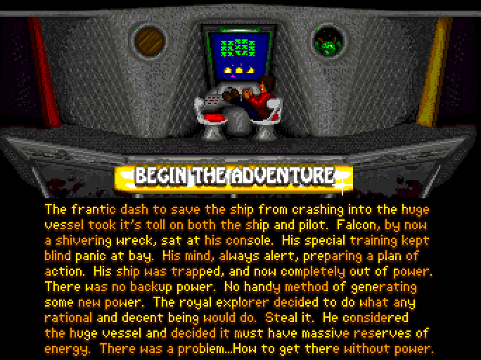 Relics of Deldroneye 2: Island of Debreen (Amiga) screenshot: Intro text: "The frantic dash to save the ship from crashing..."