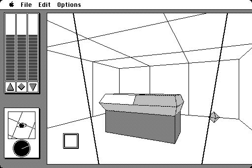 The Colony (Macintosh) screenshot: Driving the truck. In front of you, one of cryo-chambers where the children sleep.