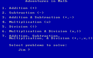 Adventures in Math (DOS) screenshot: Choose your problem set.