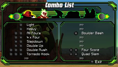 Ben 10: Protector of Earth (PSP) screenshot: Each character has a different list with combos. More become available when progressing through the game.