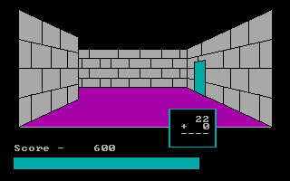 Adventures in Math (DOS) screenshot: Answer the problem to open the door.
