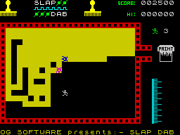 Slap Dab (ZX Spectrum) screenshot: The monsters can't touch you when you're in a black area.