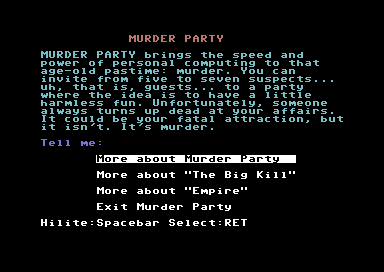 Make Your Own Murder Party (Commodore 64) screenshot: The main menu