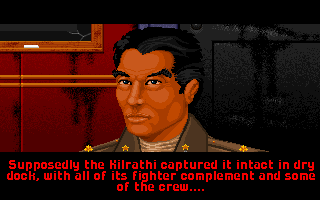 Wing Commander: The Secret Missions (DOS) screenshot: Bossman tells you the story of the Gwenhyvar. (VGA)